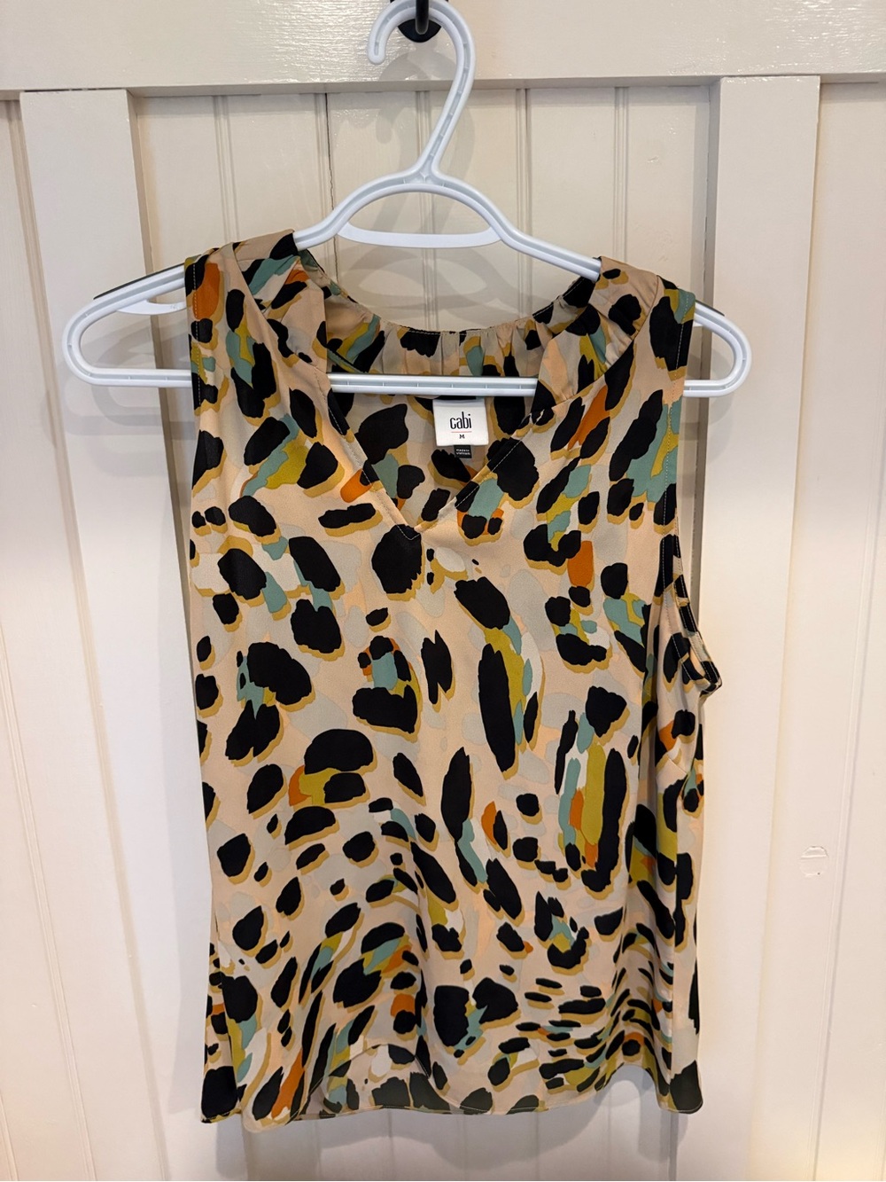 CAbi Beige Leopard-Print Sleeveless Shell with Black, Mustard & Teal Spots